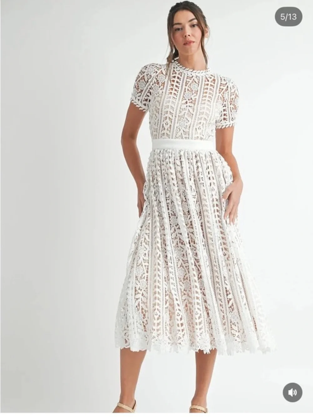 Elegant White eyelet Lace Midi Dress